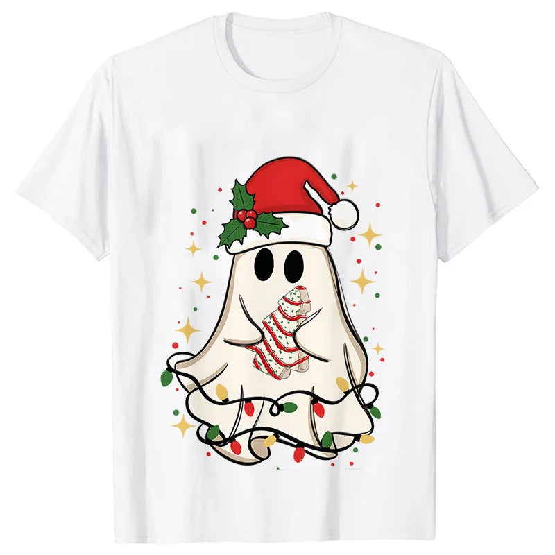Christmas Ghost Short Sleeved Cute Ghost Printed Women's Loose and Comfortable Large T-shirt Party Clothing Women's Clothing
