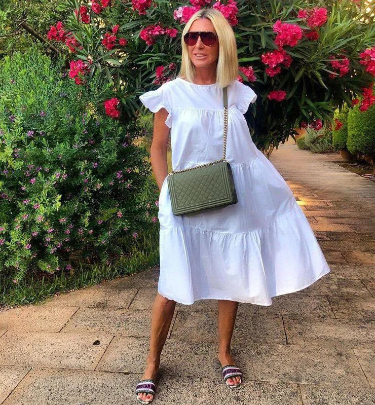 Casual Loose Ruffles Dress Women Fashion O-neck Pure Color Short Sleeve Dresses For Women 2024 Summer White Beach Sumdress