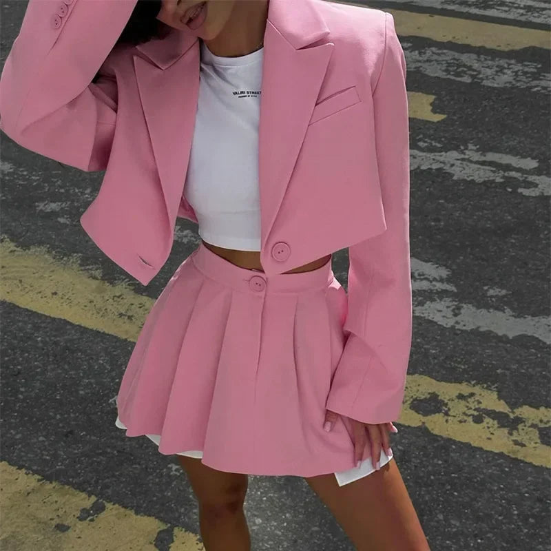 Fall Suit Skirt Suit Women's Solid Lapel Button Blazer Patchwork Pleated Skirt 2 Piece Skirt Suit FashionStreetwear Women's Y2k
