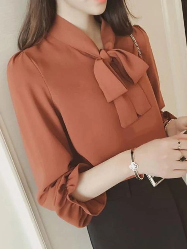 Hot Sale Blouse Women Elegant Fashion Bow Autumn Long Sleeve French Style Casual Vintage Female Feminine Daily Solid Breathable