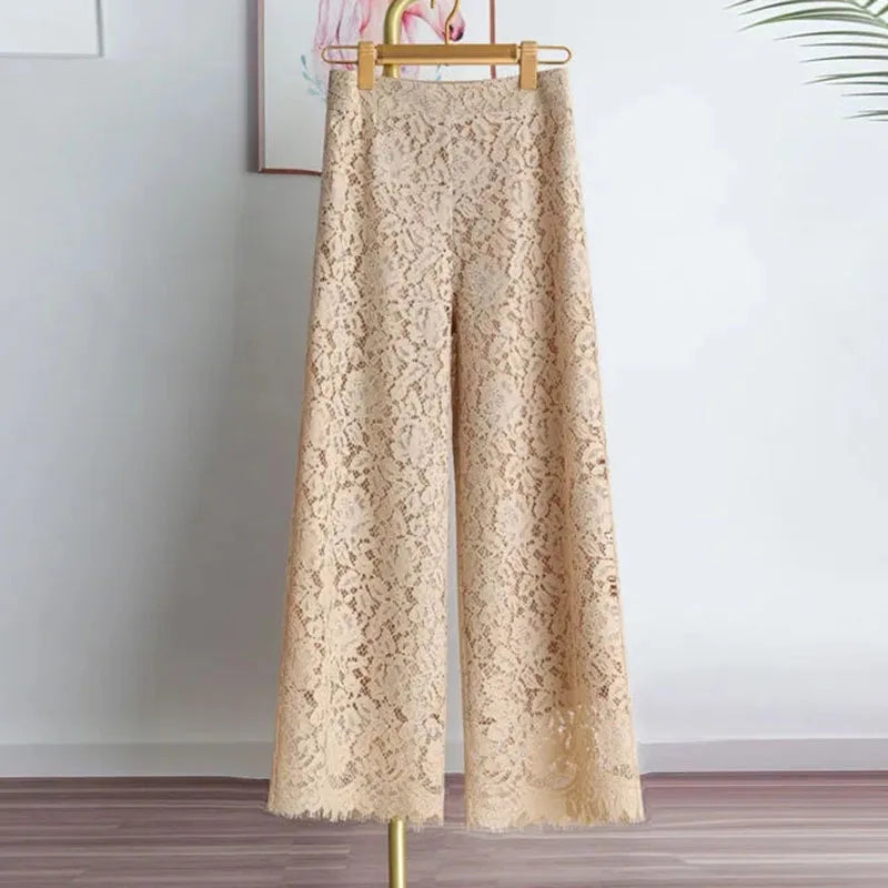 Female High Waist Wide-leg Trousers Summer Ladies Lace Straight-leg Pantalons Korean Women Casual Solid Color Nine Dvide Pants