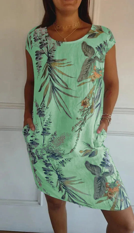 Spring Summer Hot Sale Of The Season Women's Cotton Linen Short Sleeve Printed Pocket round Neck Dress Elegant Style Comforta...
