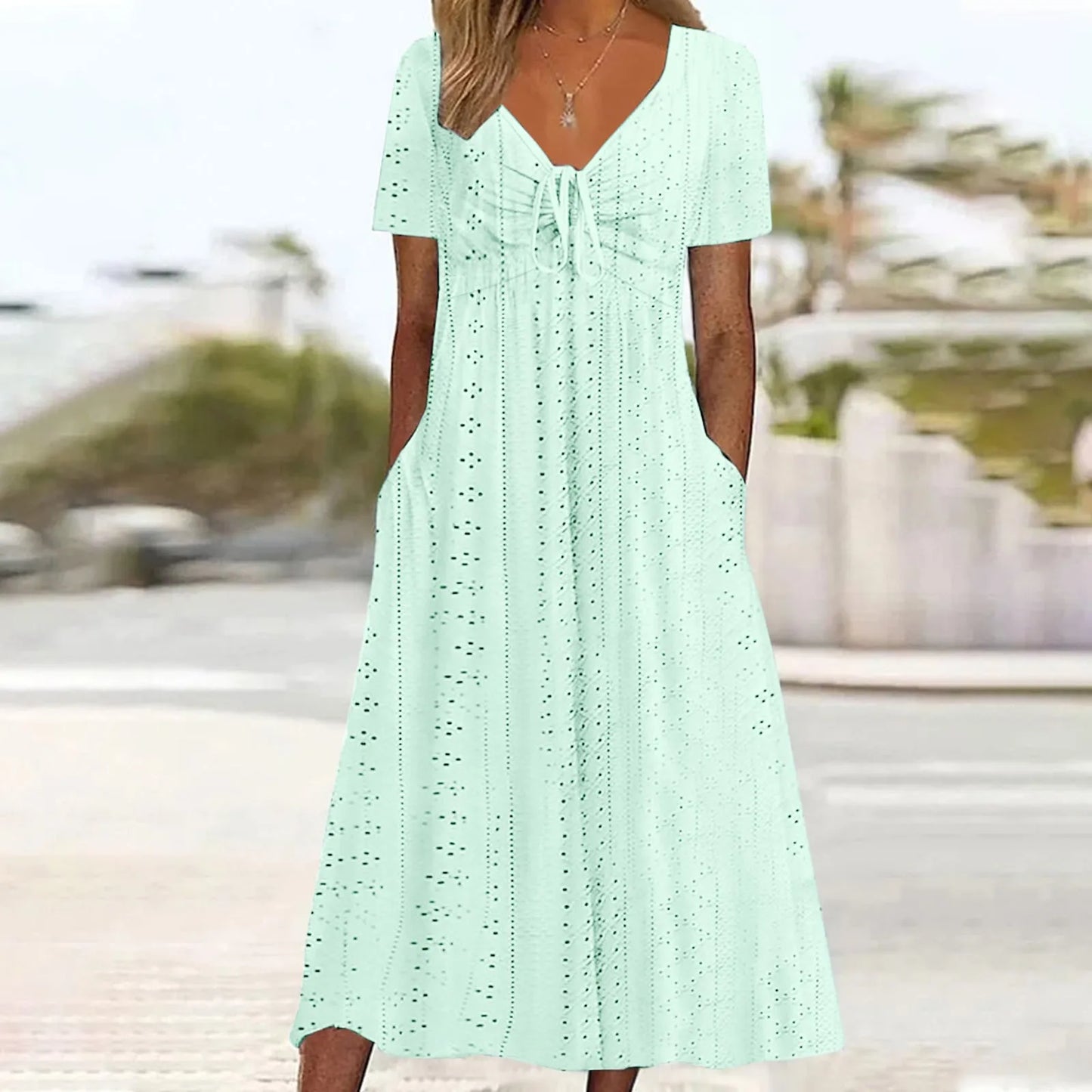 Women's Hollow Out Eyelet Beach Dress Solid Colour V-Neck Tie Short Sleeve Loose Long Dress With Pockets 2025 Boho Summer Dress