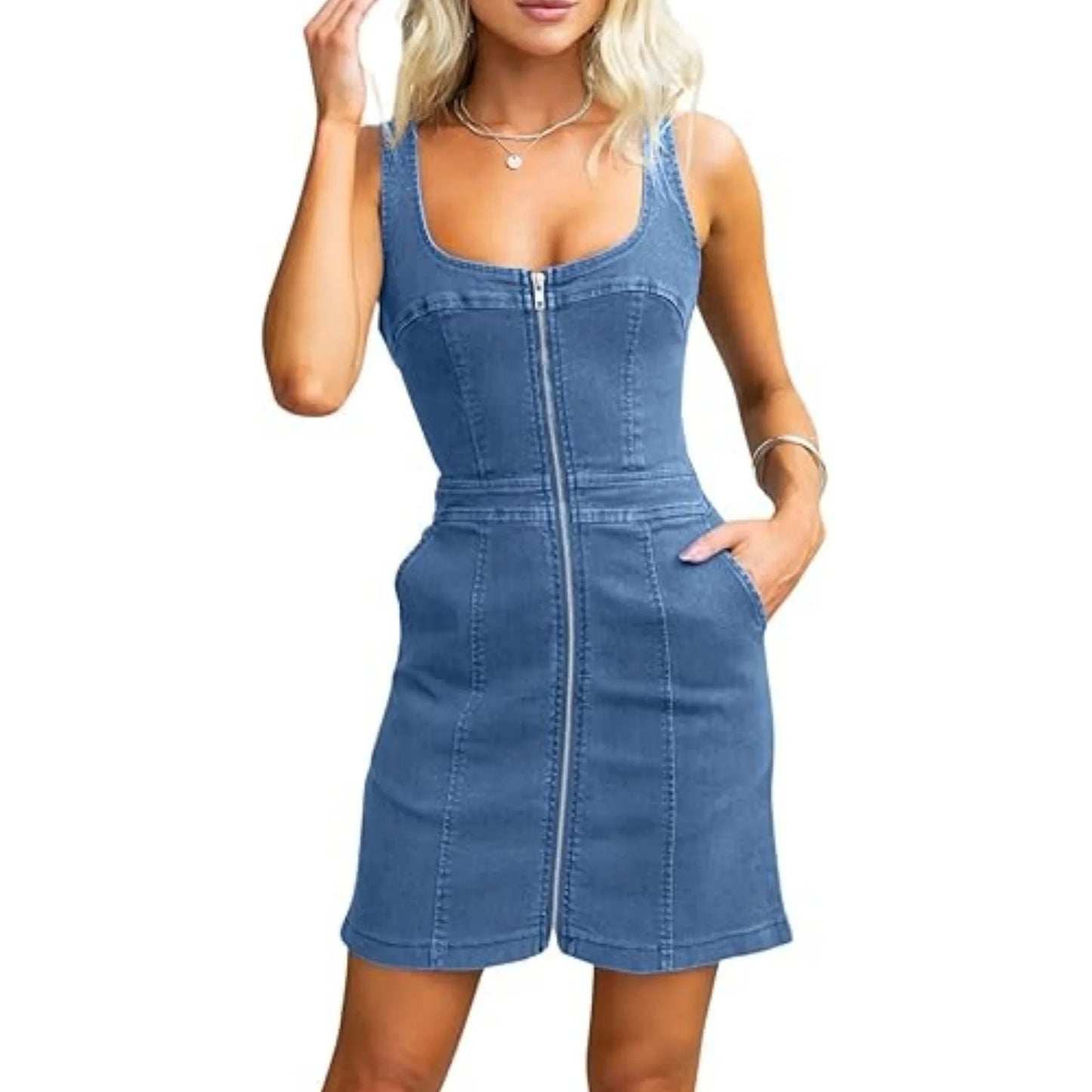 New Arrivals Fashion 2024 Spring Summer New Women's Clothing Solid Color Casual Slim Sleeveless Denim Dress