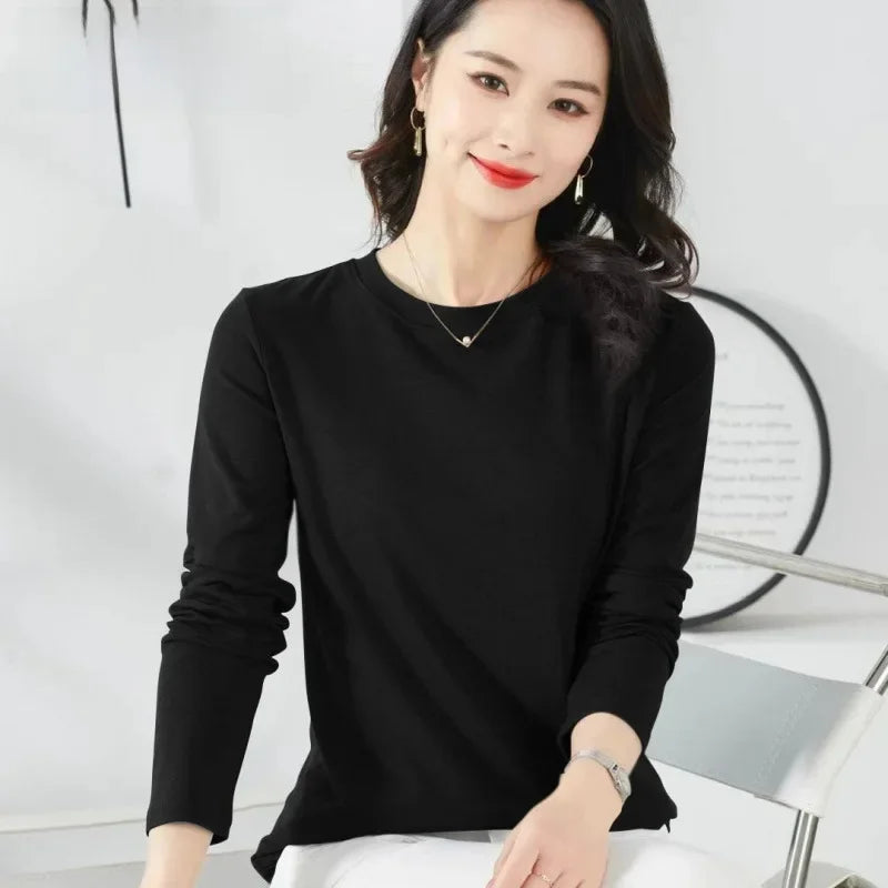 Korean Style Women's round Neck Long Sleeve Base Shirt Early Autumn New Pure Color Threaded Top Trendy T-shirt Slim Fit