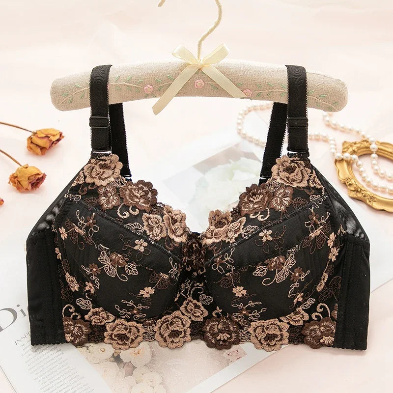 Womens Underwire Push Up Lingerie Minimizer Bra Lightly Lined Floral Lace Embroidery Full Coverage 36 38 40 42 44 B C D E F G H