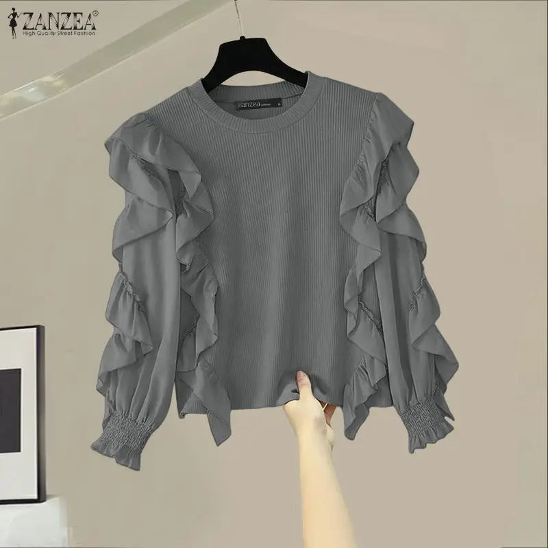 ZANZEA Woman Ruffles Trim Blouses O-Neck Long Sleeve Solid Color Ribbed Knit Patchwork Pullover Tops Spring Elegant Blusas Mujer