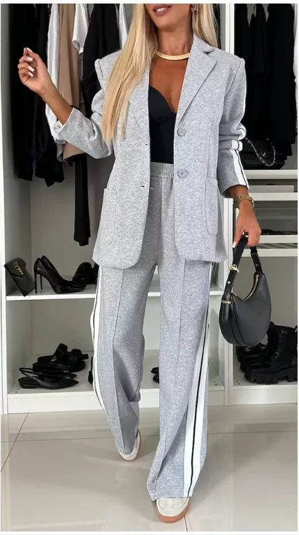 Casual Two Piece Sets Womens Outifits Fall Long Sleeved Patchwork Double Breasted Suit Coat Loose Pant Two-piece Set Winter 2024