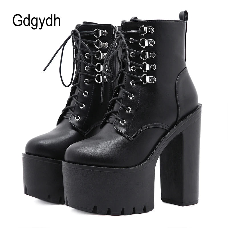 Gdgydh Ultra High Heels Women Motorcycle Boots Gothic Style Sexy Rivet Black Soft Leather Plaform Chunky Heel Punk Knight Boots