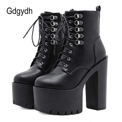 Gdgydh Ultra High Heels Women Motorcycle Boots Gothic Style Sexy Rivet Black Soft Leather Plaform Chunky Heel Punk Knight Boots