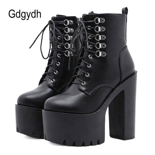 Gdgydh Ultra High Heels Women Motorcycle Boots Gothic Style Sexy Rivet Black Soft Leather Plaform Chunky Heel Punk Knight Boots