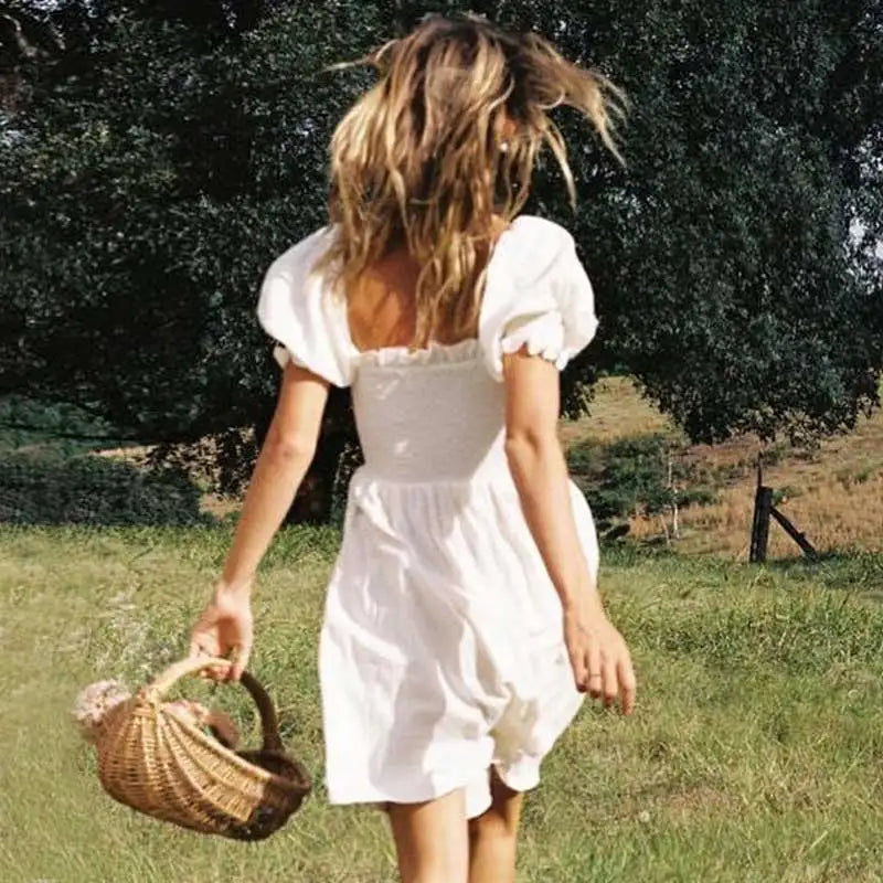 Boho Inspired shirred bust summer dress puff sleeve frilled elegant ladies dress cotton woman dress new boho dress for women