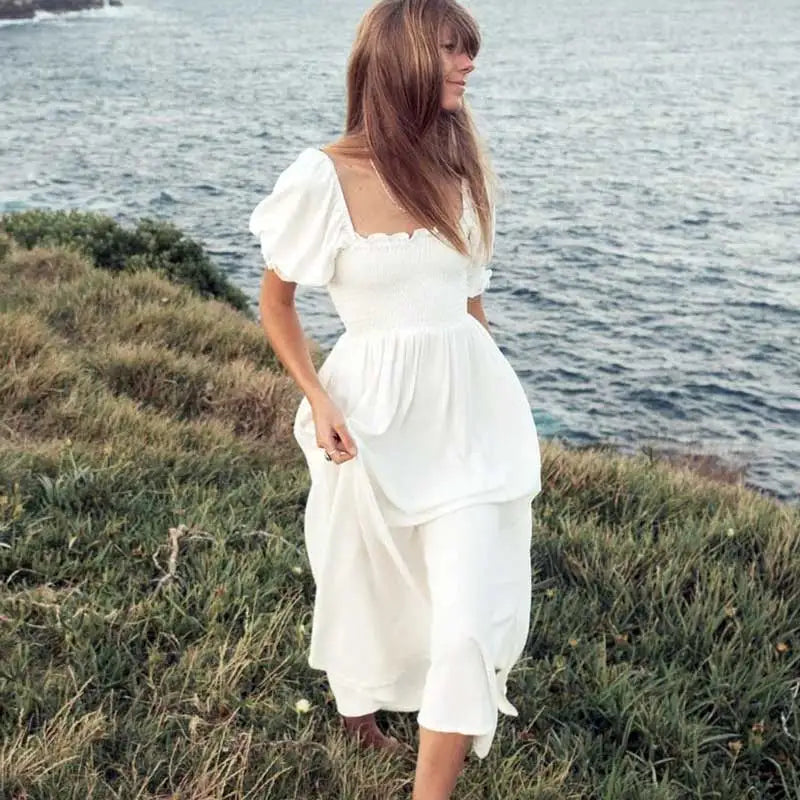 Boho Inspired shirred bust summer dress puff sleeve frilled elegant ladies dress cotton woman dress new boho dress for women