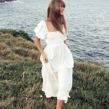 Boho Inspired shirred bust summer dress puff sleeve frilled elegant ladies dress cotton woman dress new boho dress for women