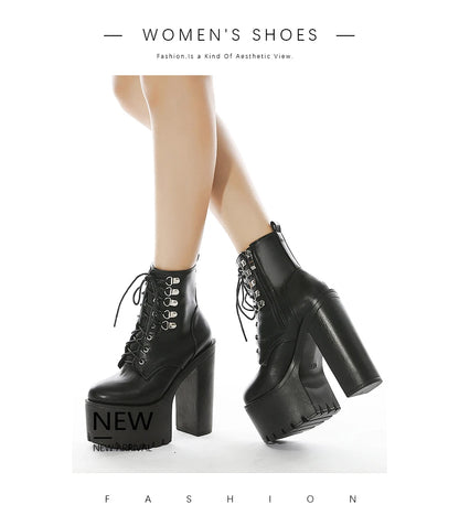 Gdgydh Ultra High Heels Women Motorcycle Boots Gothic Style Sexy Rivet Black Soft Leather Plaform Chunky Heel Punk Knight Boots