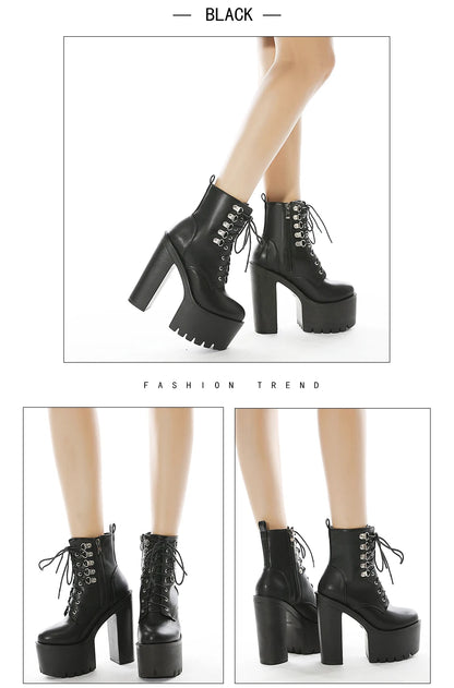 Gdgydh Ultra High Heels Women Motorcycle Boots Gothic Style Sexy Rivet Black Soft Leather Plaform Chunky Heel Punk Knight Boots