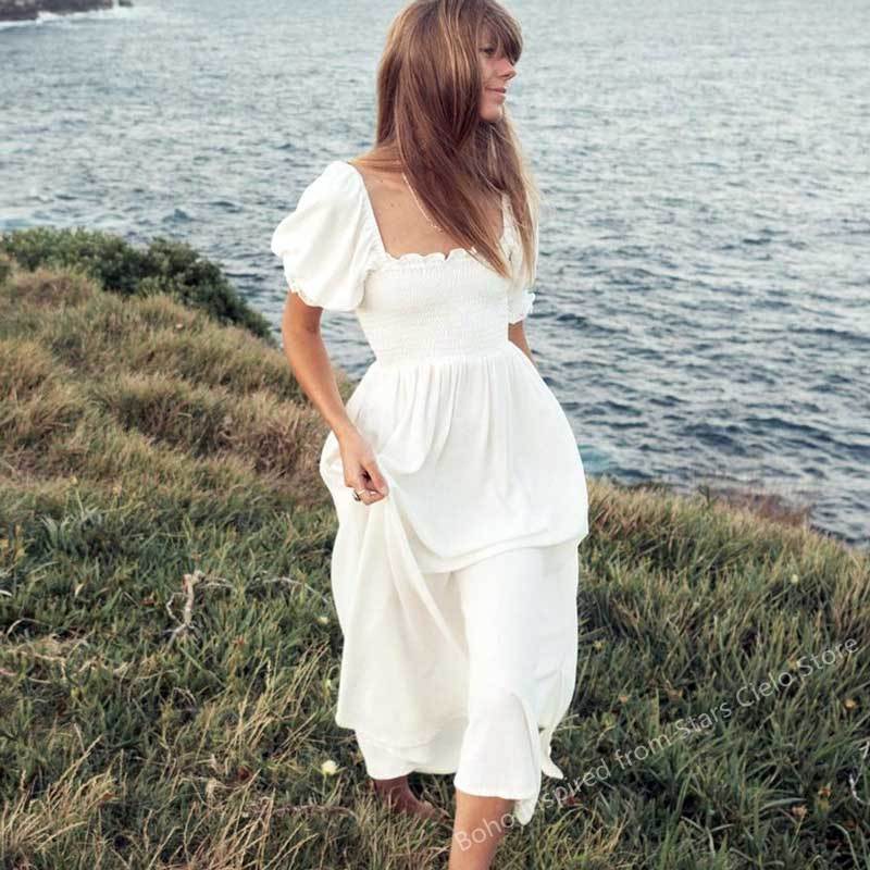 Boho Inspired shirred bust summer dress puff sleeve frilled elegant ladies dress cotton woman dress new boho dress for women