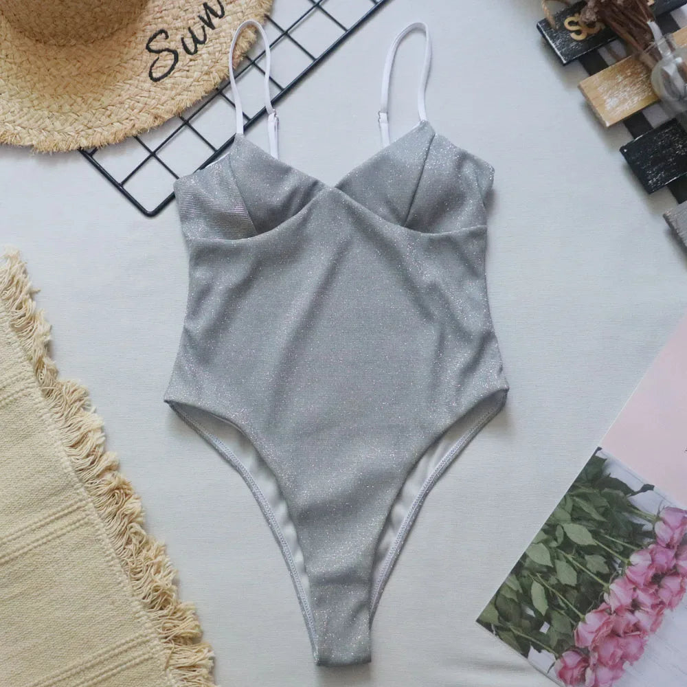 New Sexy Shiny High Cut Push Up One Piece Swimsuit Women Swimwear Female High Cut Monokini Bather Bathing Suit Swim Lady