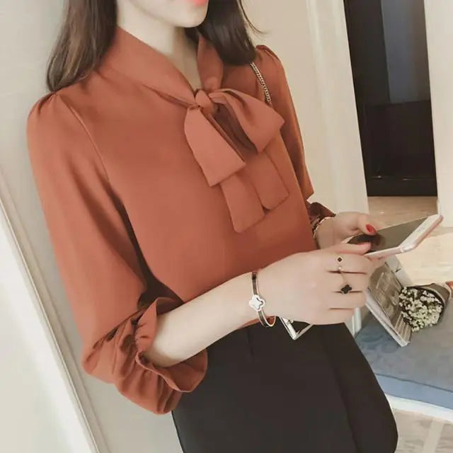 Hot Sale Blouse Women Elegant Fashion Bow Autumn Long Sleeve French Style Casual Vintage Female Feminine Daily Solid Breathable