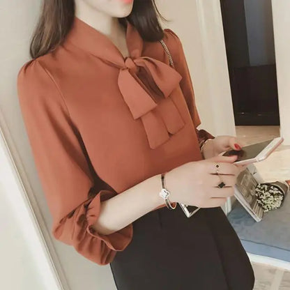 Hot Sale Blouse Women Elegant Fashion Bow Autumn Long Sleeve French Style Casual Vintage Female Feminine Daily Solid Breathable