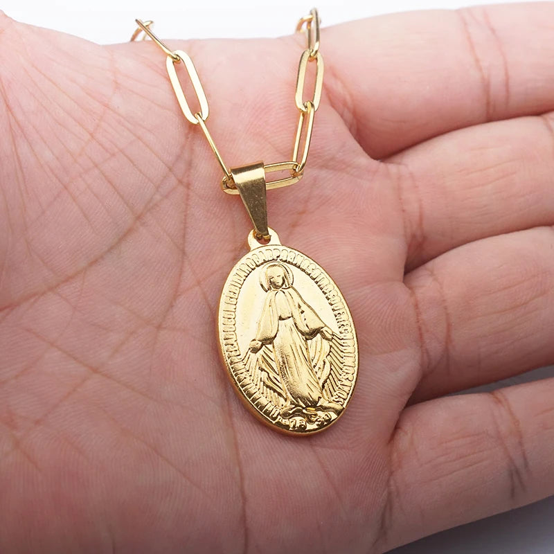 Stainless Steel Virgin Mary Necklace For Women Gold/Silver Color Metal Virgen Maria Medalla Cross Necklace Choker Religious
