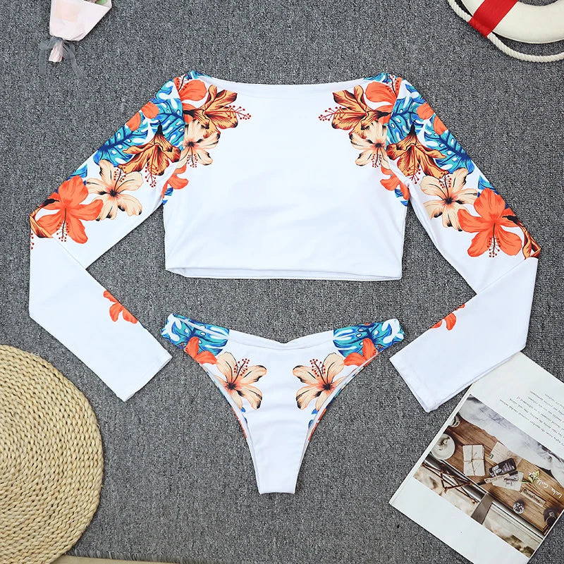 2025 Surfing Women's Swimsuit RashGuard Bikinis Long Sleeve Swimwear Female Print Summer Bathing Suit 2-piece Sports Biquini