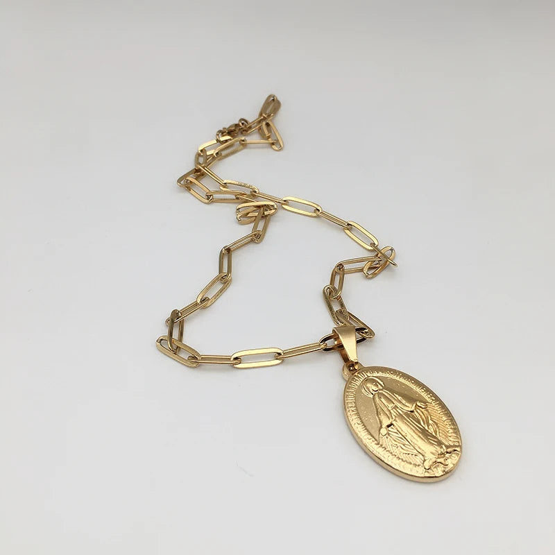 Stainless Steel Virgin Mary Necklace For Women Gold/Silver Color Metal Virgen Maria Medalla Cross Necklace Choker Religious