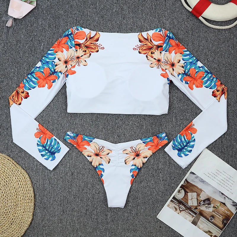 2025 Surfing Women's Swimsuit RashGuard Bikinis Long Sleeve Swimwear Female Print Summer Bathing Suit 2-piece Sports Biquini
