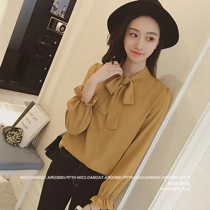 Hot Sale Blouse Women Elegant Fashion Bow Autumn Long Sleeve French Style Casual Vintage Female Feminine Daily Solid Breathable