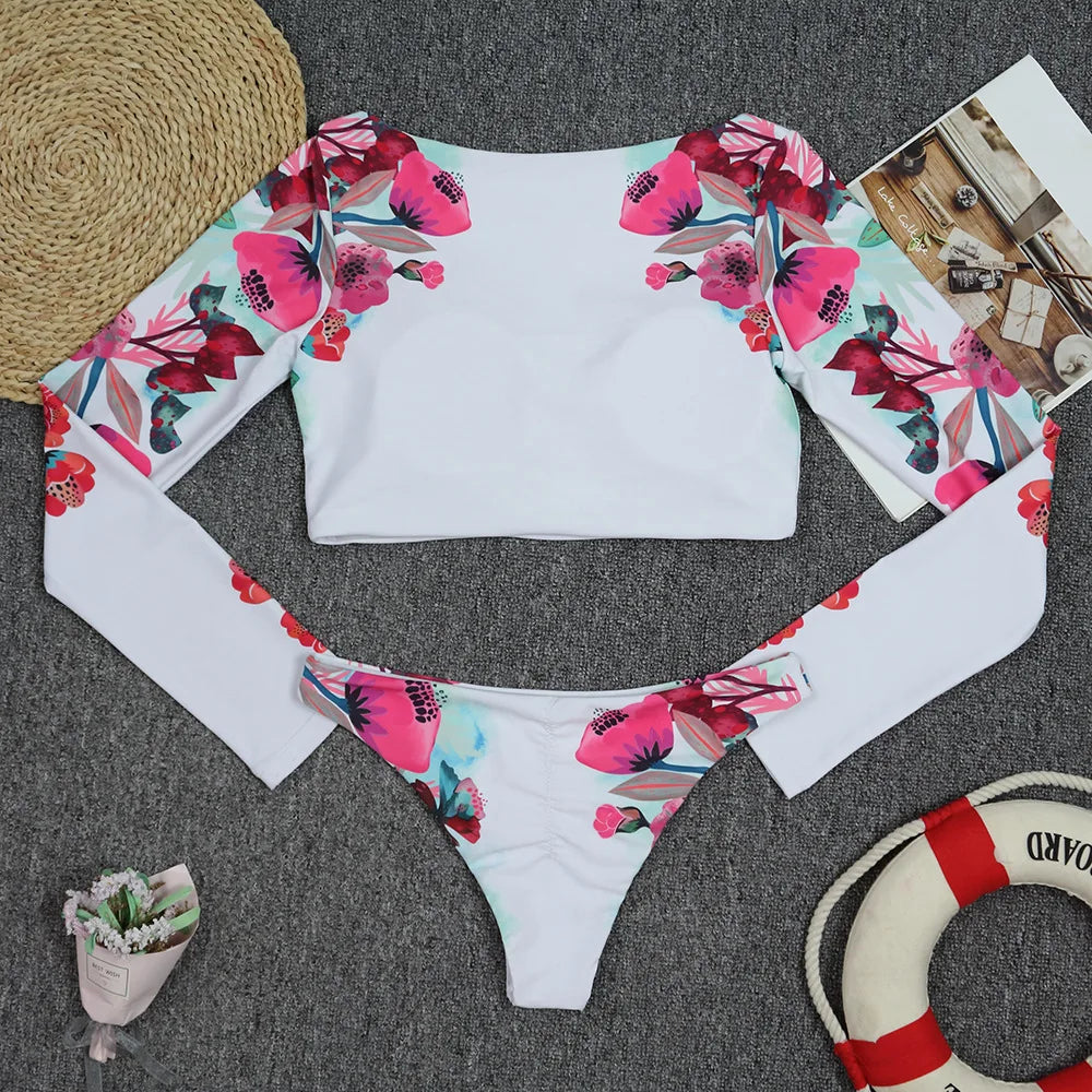 2025 Surfing Women's Swimsuit RashGuard Bikinis Long Sleeve Swimwear Female Print Summer Bathing Suit 2-piece Sports Biquini
