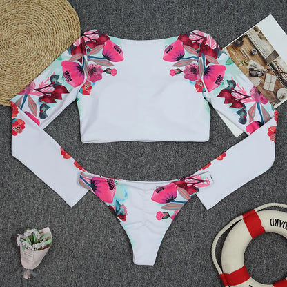 2025 Surfing Women's Swimsuit RashGuard Bikinis Long Sleeve Swimwear Female Print Summer Bathing Suit 2-piece Sports Biquini