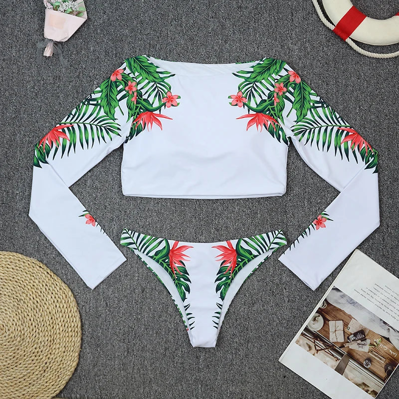 2025 Surfing Women's Swimsuit RashGuard Bikinis Long Sleeve Swimwear Female Print Summer Bathing Suit 2-piece Sports Biquini