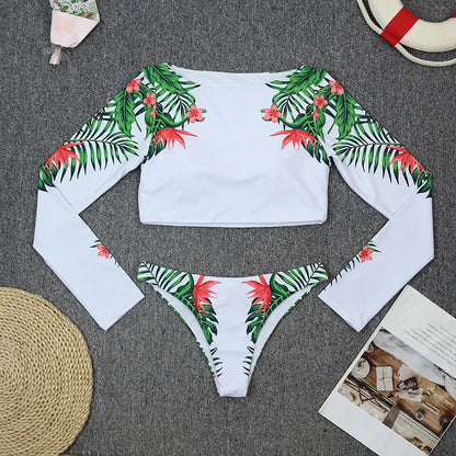 2025 Surfing Women's Swimsuit RashGuard Bikinis Long Sleeve Swimwear Female Print Summer Bathing Suit 2-piece Sports Biquini
