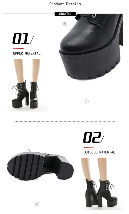 Gdgydh Ultra High Heels Women Motorcycle Boots Gothic Style Sexy Rivet Black Soft Leather Plaform Chunky Heel Punk Knight Boots