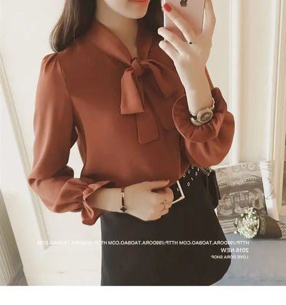Hot Sale Blouse Women Elegant Fashion Bow Autumn Long Sleeve French Style Casual Vintage Female Feminine Daily Solid Breathable