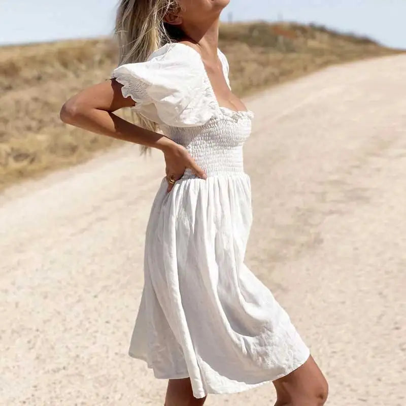 Boho Inspired shirred bust summer dress puff sleeve frilled elegant ladies dress cotton woman dress new boho dress for women