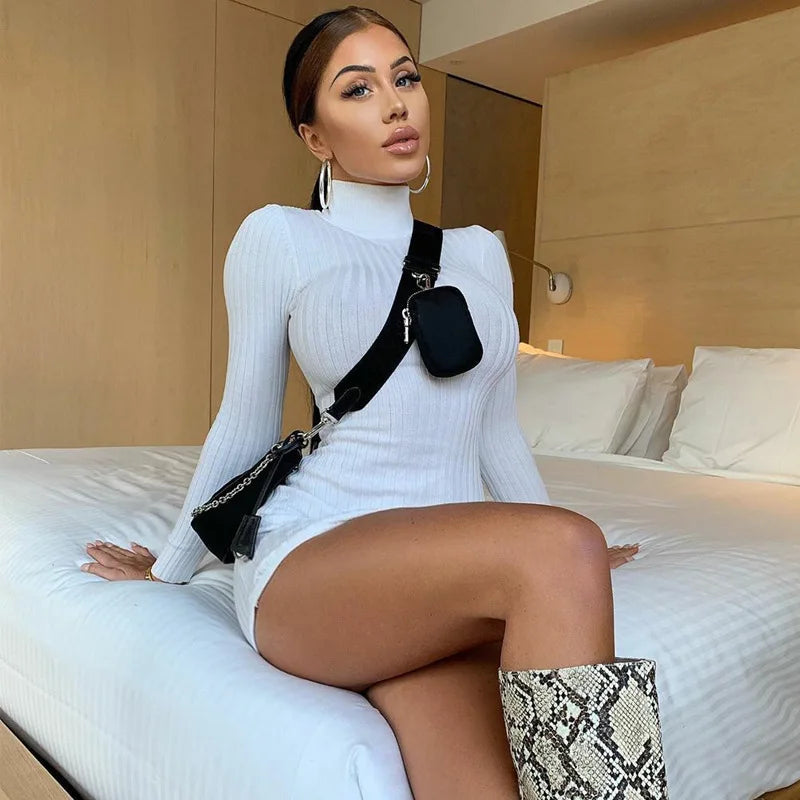 BKLD Turtleneck Dress For Women 2025 Spring New Fashion Slim Fit Long Sleeve Bodycon Dress Solid Color Night Club Outfit