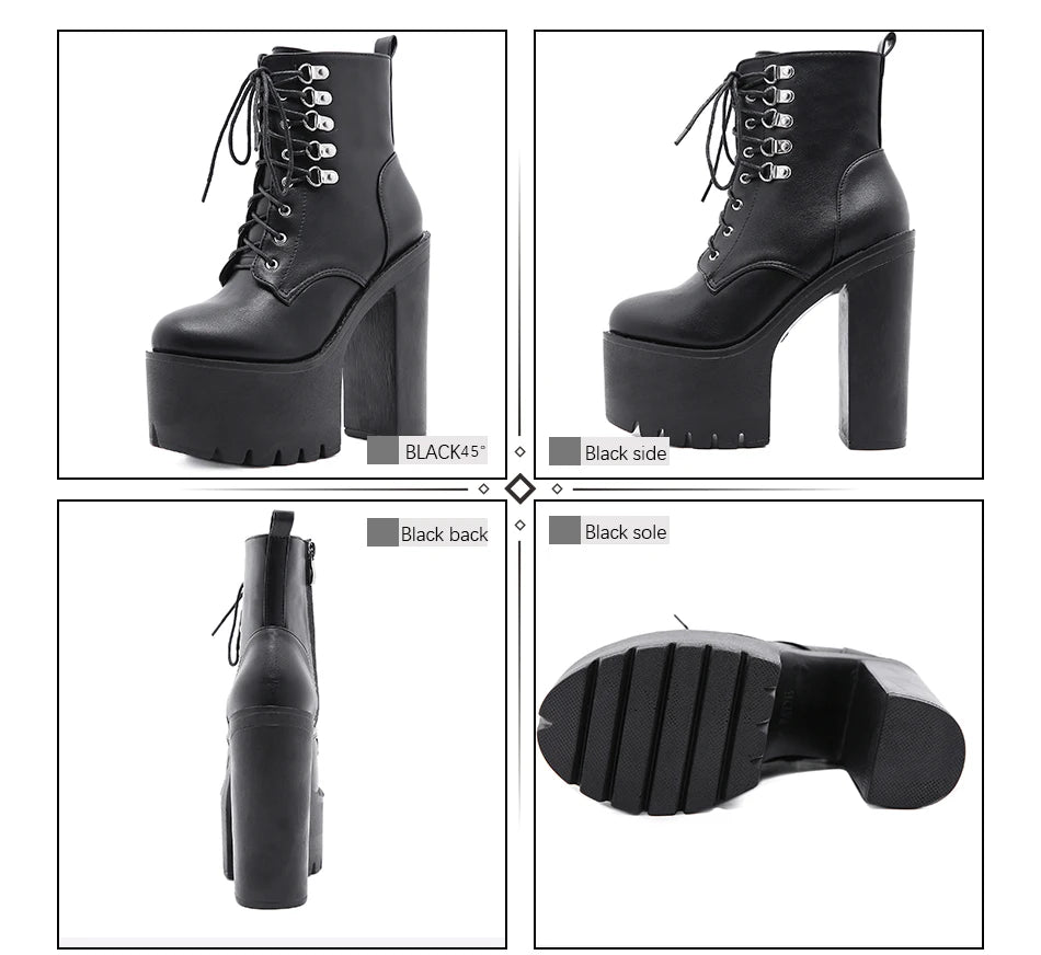 Gdgydh Ultra High Heels Women Motorcycle Boots Gothic Style Sexy Rivet Black Soft Leather Plaform Chunky Heel Punk Knight Boots