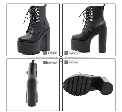 Gdgydh Ultra High Heels Women Motorcycle Boots Gothic Style Sexy Rivet Black Soft Leather Plaform Chunky Heel Punk Knight Boots