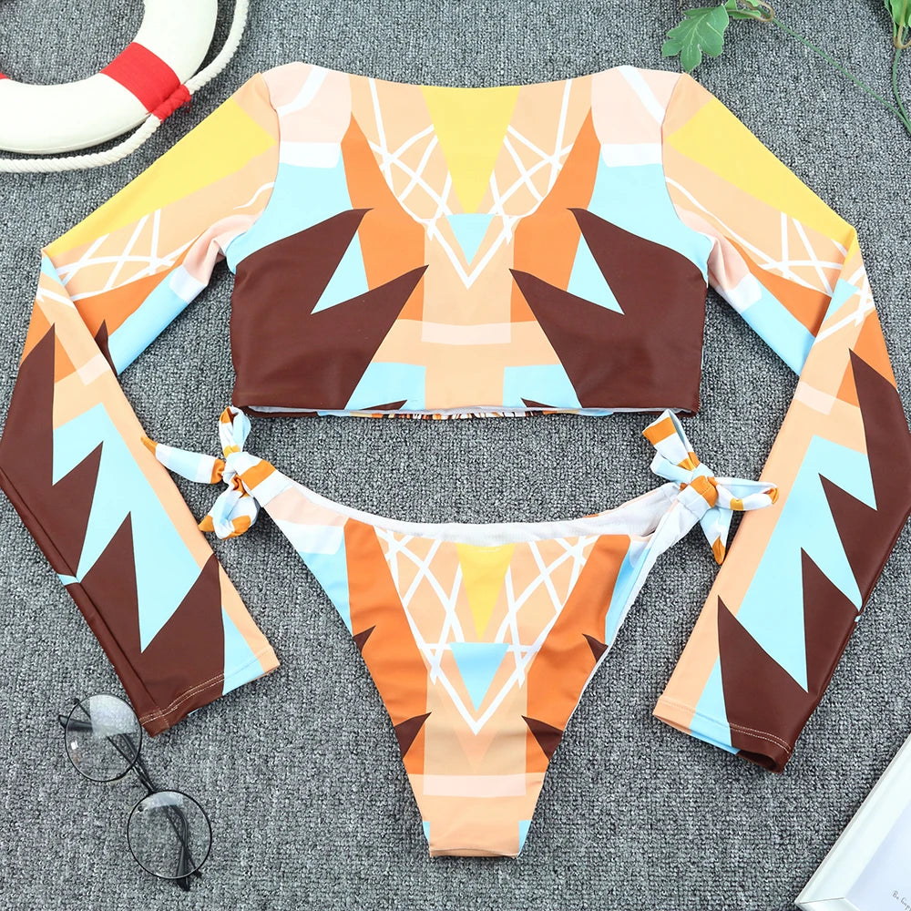 2025 Surfing Women's Swimsuit RashGuard Bikinis Long Sleeve Swimwear Female Print Summer Bathing Suit 2-piece Sports Biquini