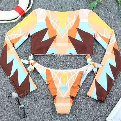 2025 Surfing Women's Swimsuit RashGuard Bikinis Long Sleeve Swimwear Female Print Summer Bathing Suit 2-piece Sports Biquini