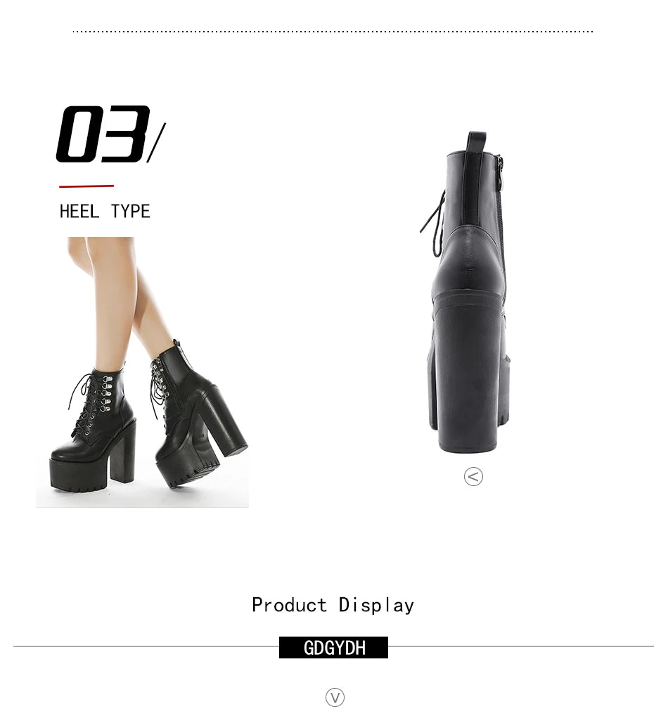 Gdgydh Ultra High Heels Women Motorcycle Boots Gothic Style Sexy Rivet Black Soft Leather Plaform Chunky Heel Punk Knight Boots