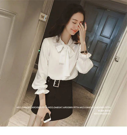Hot Sale Blouse Women Elegant Fashion Bow Autumn Long Sleeve French Style Casual Vintage Female Feminine Daily Solid Breathable