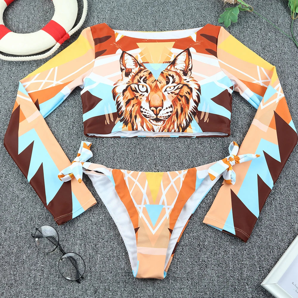 2025 Surfing Women's Swimsuit RashGuard Bikinis Long Sleeve Swimwear Female Print Summer Bathing Suit 2-piece Sports Biquini