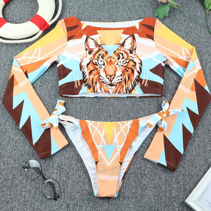 2025 Surfing Women's Swimsuit RashGuard Bikinis Long Sleeve Swimwear Female Print Summer Bathing Suit 2-piece Sports Biquini
