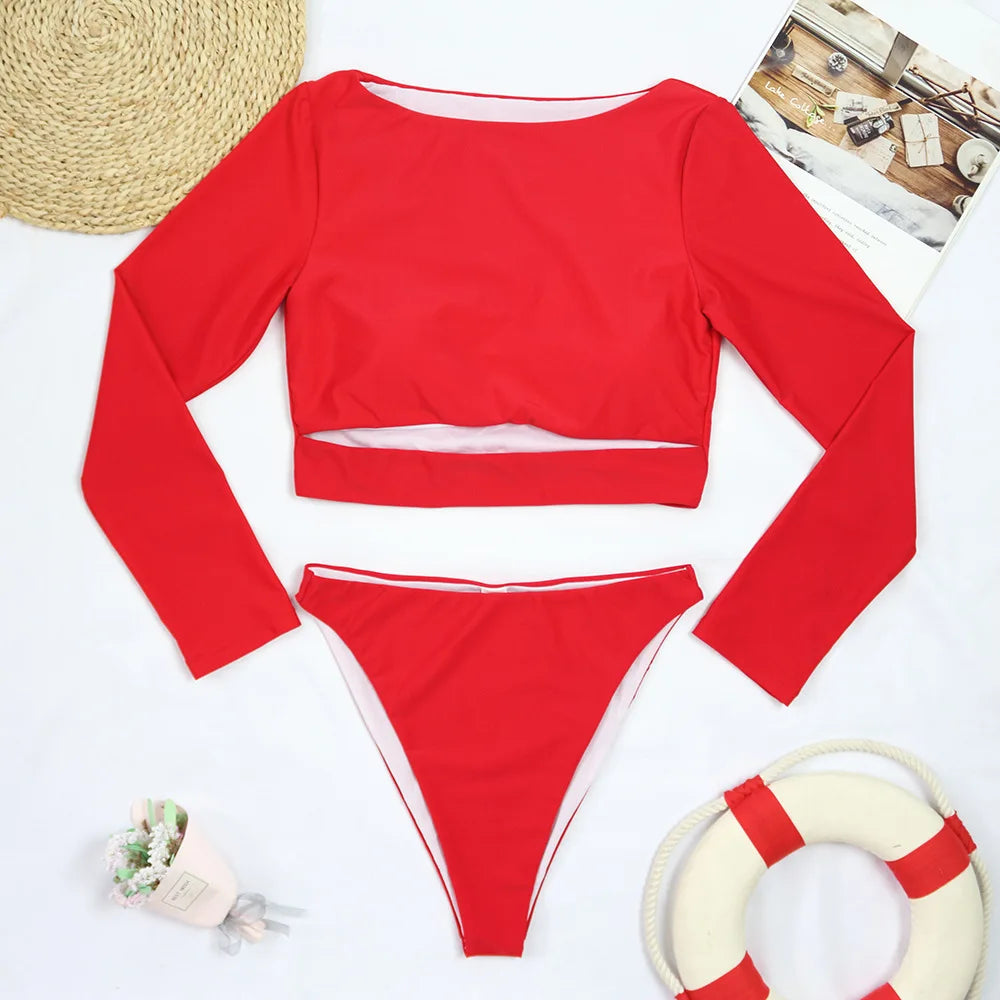 2025 Surfing Women's Swimsuit RashGuard Bikinis Long Sleeve Swimwear Female Print Summer Bathing Suit 2-piece Sports Biquini
