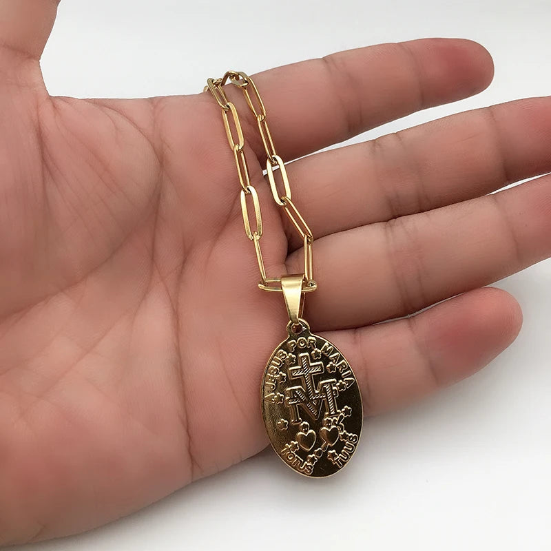 Stainless Steel Virgin Mary Necklace For Women Gold/Silver Color Metal Virgen Maria Medalla Cross Necklace Choker Religious