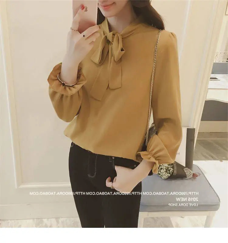 Hot Sale Blouse Women Elegant Fashion Bow Autumn Long Sleeve French Style Casual Vintage Female Feminine Daily Solid Breathable