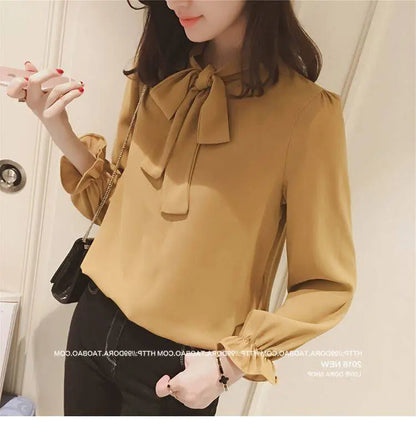 Hot Sale Blouse Women Elegant Fashion Bow Autumn Long Sleeve French Style Casual Vintage Female Feminine Daily Solid Breathable