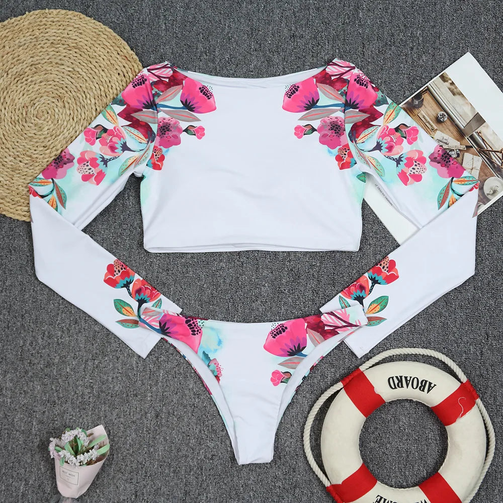 2025 Surfing Women's Swimsuit RashGuard Bikinis Long Sleeve Swimwear Female Print Summer Bathing Suit 2-piece Sports Biquini